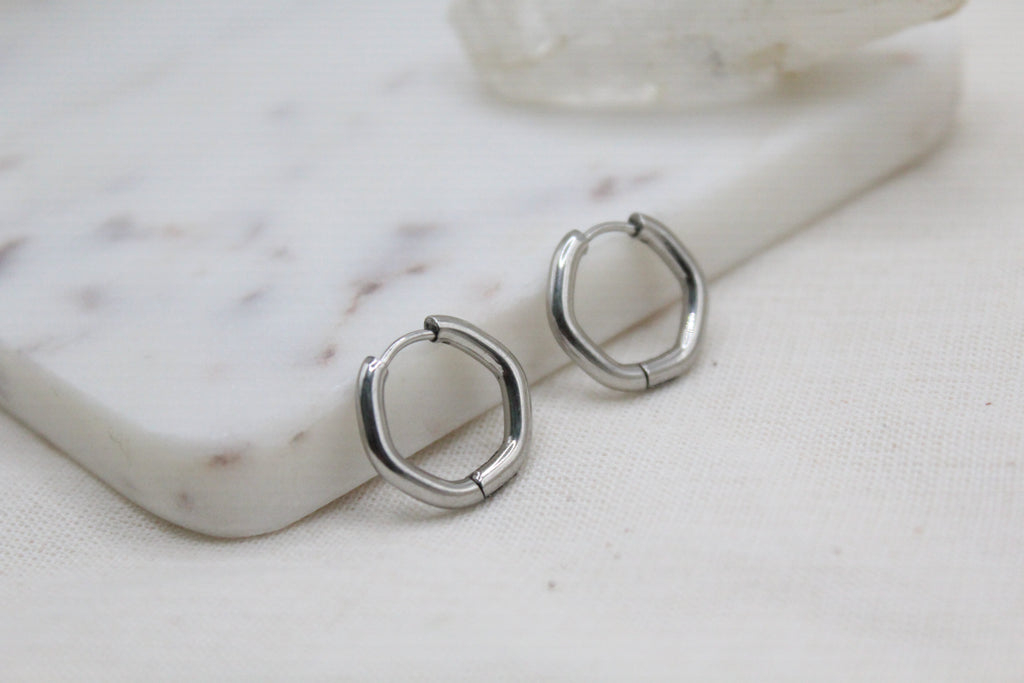 Silver Hexagon Huggies