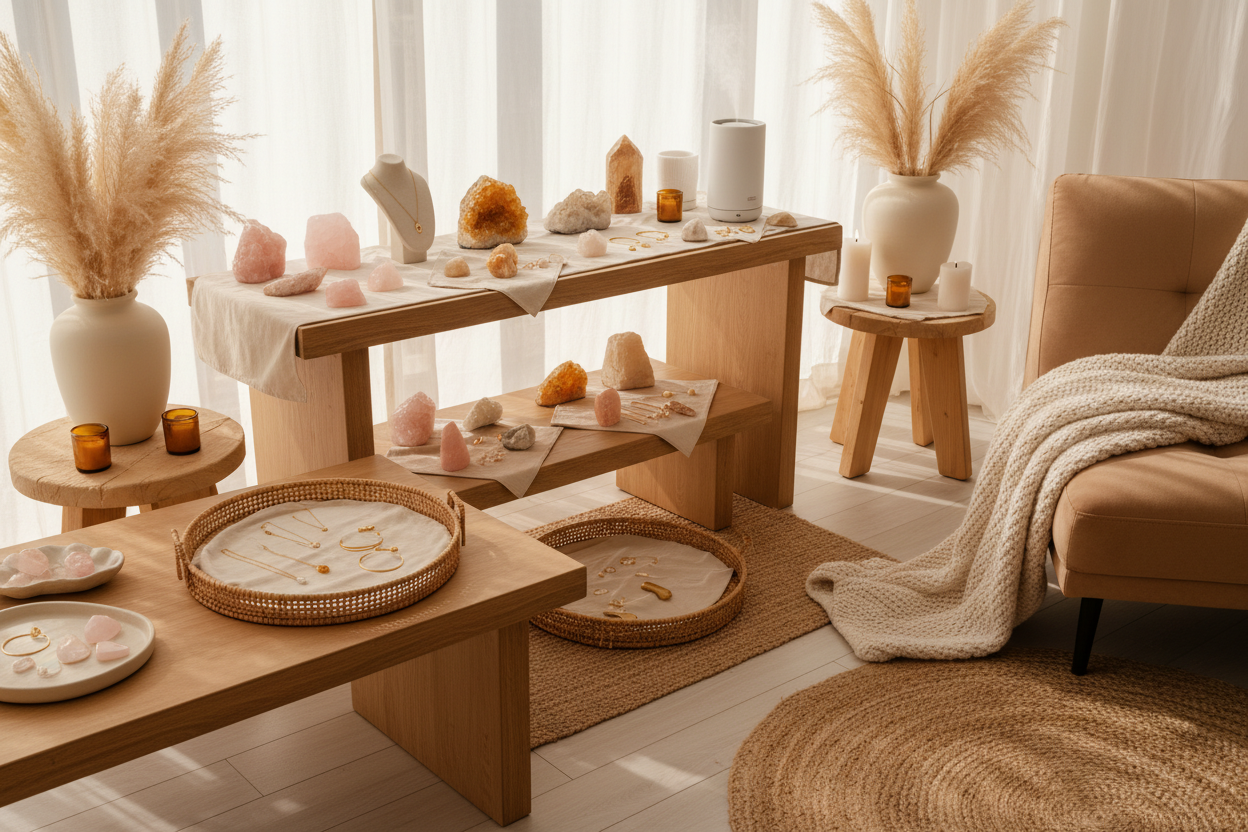 Crystals in a holistic space no blue or cold tones, only warm and natural colors with white. Holistic space with crystals and jewelry 